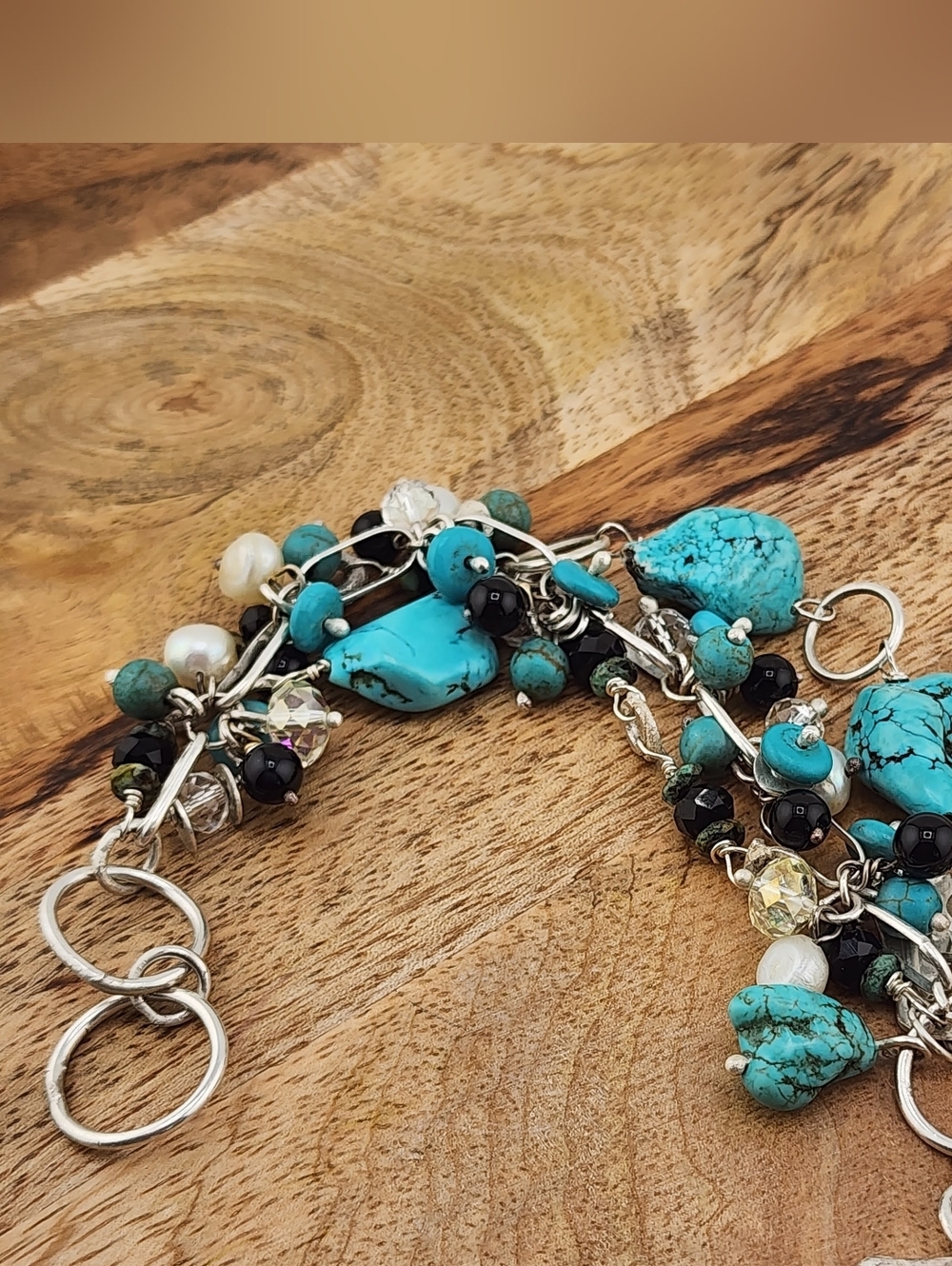 BANGLE HANDMADE BRACELET TURQUOISE, ONYX & PEARLS HANDMADE IN STERLING SILVER - Picture 5 of 14